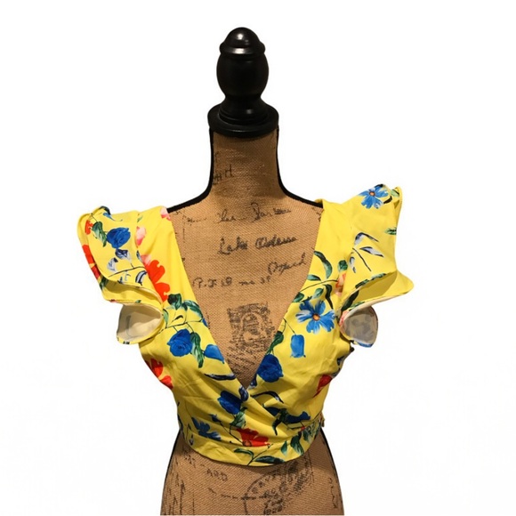Luxmi Floral Yellow Ruffle Sleeve Top NWOT - Picture 1 of 8